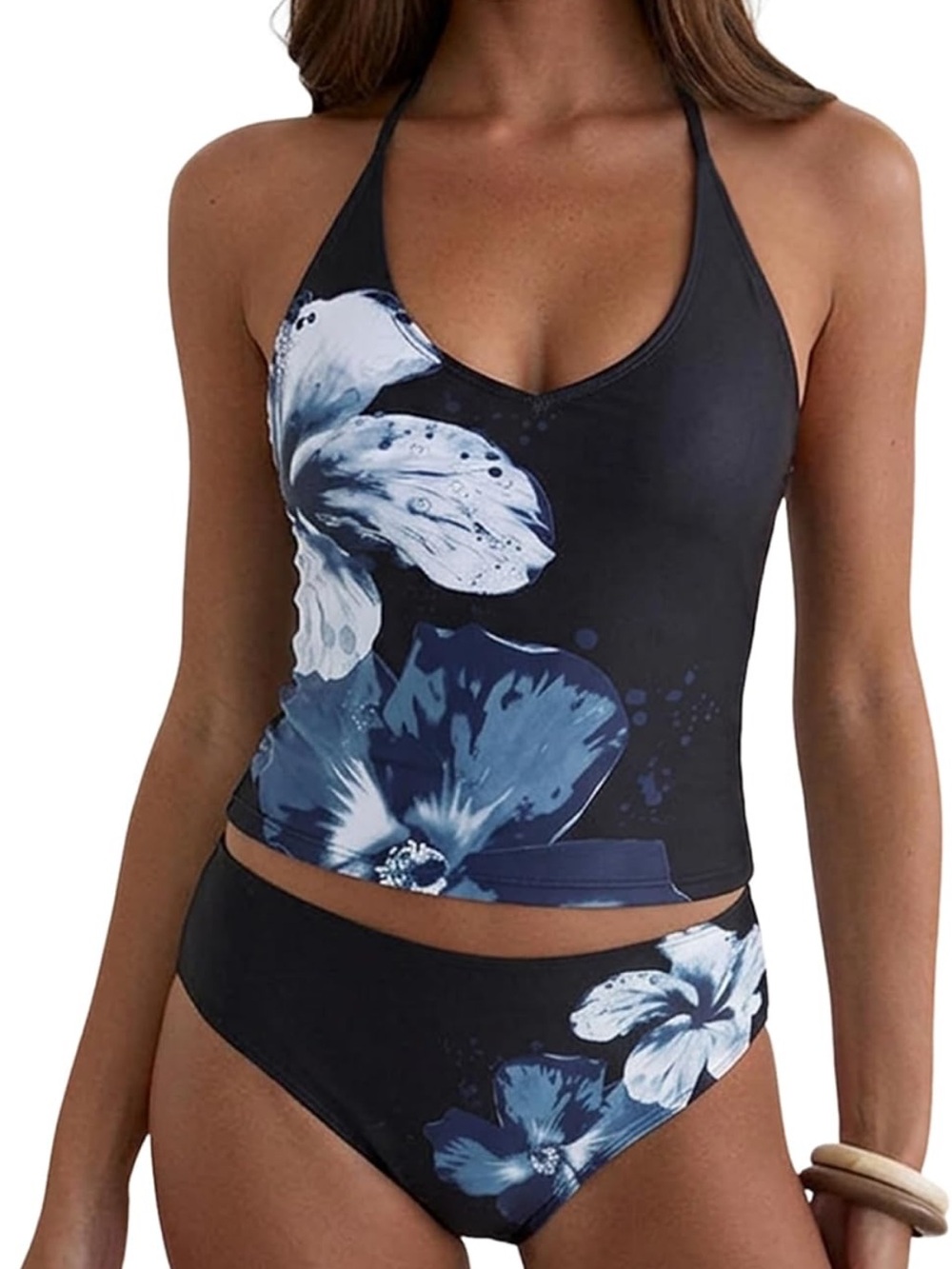 Zaful Navy Blue and White Floral Halter Tankini